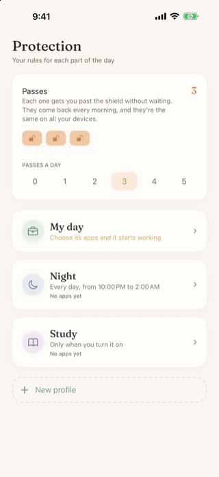 The Protection screen: three passes a day and profiles for the day, the night and studying.